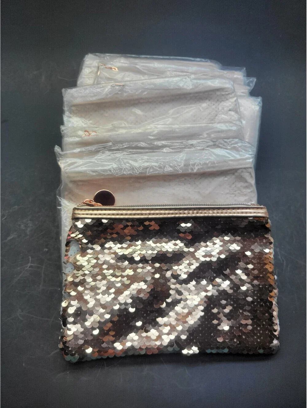 6 x  Reversible Sequin Makeup Cosmetic Pouch Travel Bag Rose Gold / White